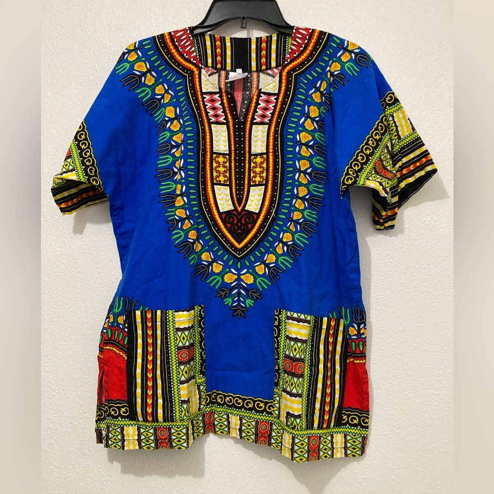 Island Style Top Tribal Floral Print Blouse Royal Blue Aztec DesignWomen’s Small